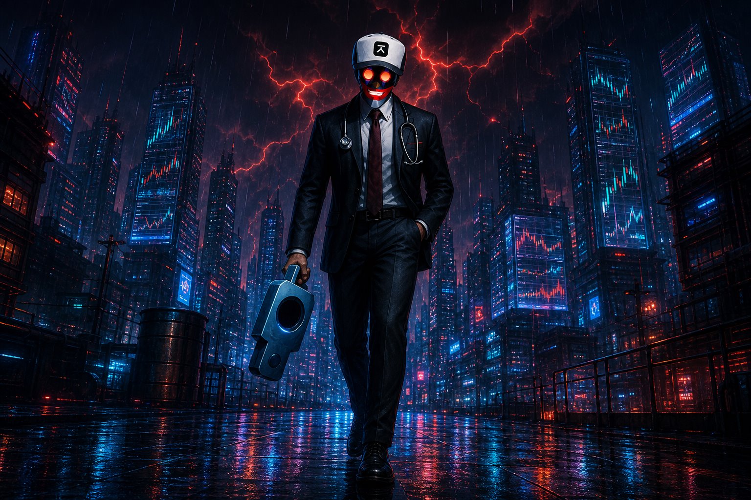 Dr. Axius in the neon city